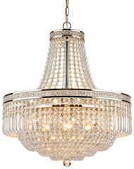 Ornate and dazzling crystal chandelier with a polished chrome metal frame, densely adorned with sparkling glass droplets, hangs gracefully from a delicate chain,, isolated on transparent background.