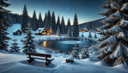 Winter forest lake with snowy cabins at night