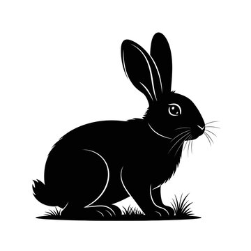 A striking black silhouette of a rabbit sitting amidst blades of grass outdoors