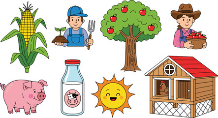 Cartoon farm life illustration with farmers, animals, crops, apple tree, sun, milk bottle, chicken coop, flat vector artwork © MDSHISHIRHASAN