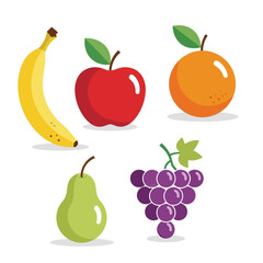 A colorful illustration showcasing various fruits including bananas apples oranges pears and grapes