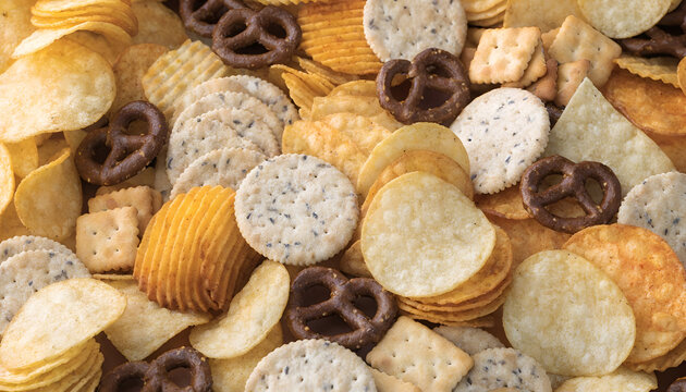 A high-angle, close-up photograph showcases an assortment of snack foods arranged to fill the frame. The composition is a mix of textures and shapes, creating a visually appealing arrangement. The sna