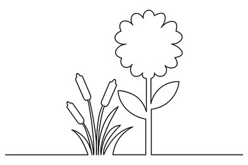 Single Continuous Line Drawing of Field Flowers and Grass for Nature Greeting Cards
