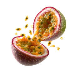 Juicy passion fruit halves exploding with seeds against a stark black background