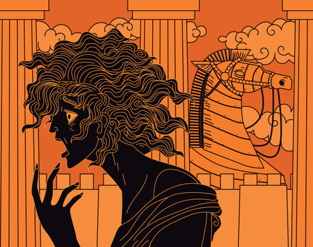 cassandra in despair foretelling doom as the Trojan Horse moves