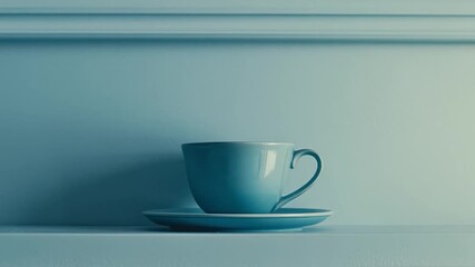 Video A blue cup and saucer sitting on a shelf