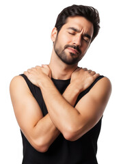 Man suffering from neck pain isolated on transparent background