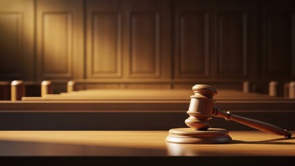 Wooden gavel on a table in a courtroom with warm, dramatic lighting and empty benches