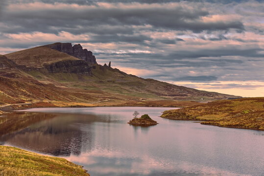 Loch Fada (Long) at the foot of the Trotternish ridge with The Storr summit and The Old Man of Storr pinnacle in the background. Skye-Scotland-171