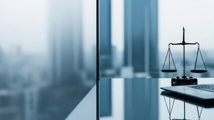 Justice scales and laptop on glass table in modern office with city view