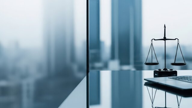 Justice scales and laptop on glass table in modern office with city view
