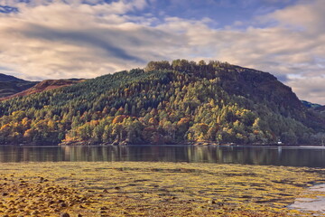 Beinn Fhada mount at the north tip of Glenelg peninsula facing Eilean Donan tidal island-castle, seen from across Loch Duich. Dornie-Scotland-188