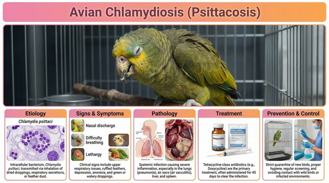 Veterinary pathology concept with green parrot exhibiting symptoms of avian chlamydiosis or psittacosis infection in cage with informational sections on etiology signs