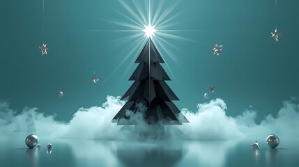 Surreal Geometric Christmas Tree with Glowing Star and Floating Ornaments on Teal Cloud Background