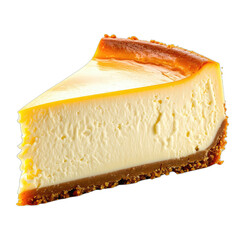 A perfectly sliced piece of rich, creamy cheesecake isolated on a black background.