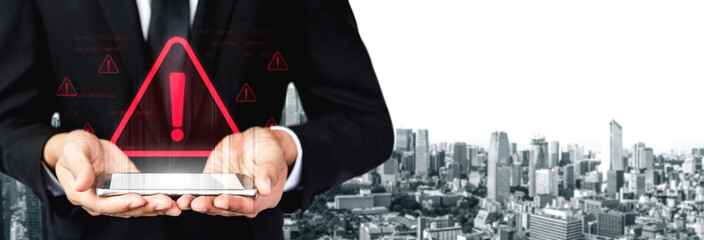 Cybersecurity alert warning showing red cyber for data breach, network threat, and cyber security...