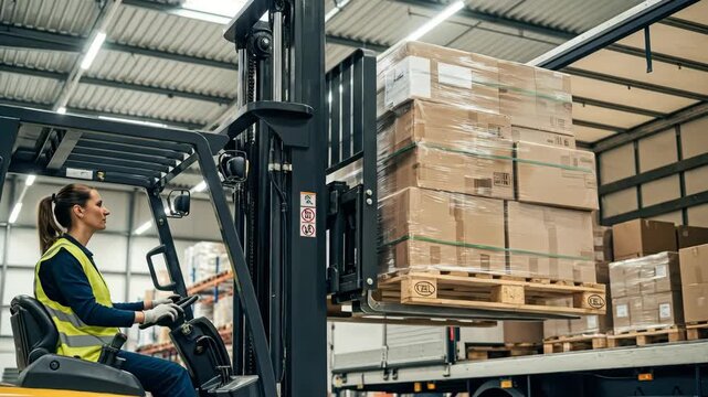 Woman operating forklift lifting pallet of boxes into delivery truck for warehouse logistic and distribution concept