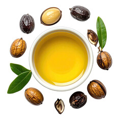 Shea Butter Oil Displayed with Raw Shea Nuts and Green Leaves on Black Background