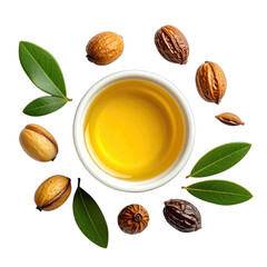 A top-down view of golden shea butter oil surrounded by shea nuts and green leaves on a black background.