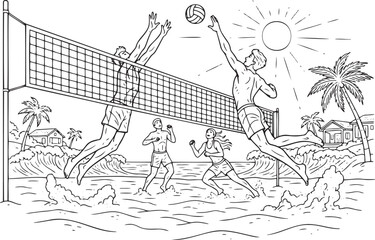 Beach Volleyball Action Illustration with Players Jumping at Net on Sunny Coast