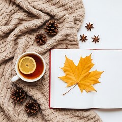 Autumn Inspired Cozy Scene with Leaf Notebook and Tea