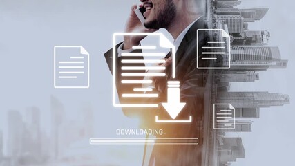 Visual representation of digital document downloading, showing file transfer, data access, and progress status for secure and efficient information retrieval Marrow - Powered by Adobe
