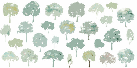 A collection of stylized green and gray trees arranged against a white background © Ranajit