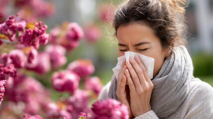Portrait sneezing into tissue amid blossoms, spring allergies highlighted, natural light, seasonal irritation, facial expression, with copy space