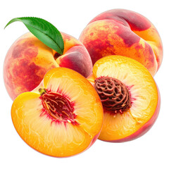 Vibrant image showcasing whole and halved fresh peaches with a green leaf on a black background.