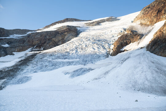 Melting alpine glacier icefall in high mountains