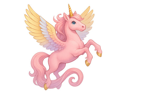 Flying pink alicorn rearing up, mystical winged unicorn with golden horn and hooves, fantasy creature transparent background