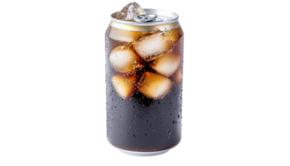 A cold glass of sweet soda drink with ice cubes and fresh liquid creates a refreshing brown beverage isolated on a white background like a cool cocktail 