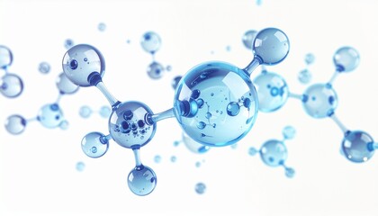 3D illustration of clean blue water drops molecules  forming a round liquid texture on a clear white backdrop with wet aqua spheres and glass molecules in a sleek vector design