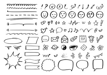 Hand drawn doodle arrows, underlines, speech bubbles in sketch style. Line art set of decorative icons, scribbles and graphic symbols. Ideal for emphasis, text decoration. Black and white vector set