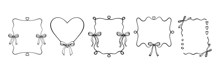 Bow frames set. Vintage hand drawn borders with outline ribbons and bows in doodle style. Decoration for greeting cards, wedding, birthday party. Black and white vector illustration isolated on white.