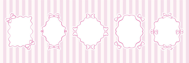 Set of frames with pink ribbon and bows. Hand-drawn coquette borders. Elegant and romantic design elements for cards, wedding invitations. Vector doodle illustration on a stripped pink background.