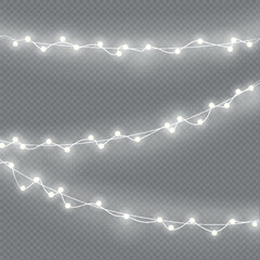 Christmas lights isolated realistic design elements. Glowing Led neon lamp lights for Xmas Holiday cards, banners, posters, web design. Garlands white decorations.