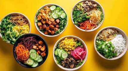 A colorful and diverse collection of six healthy and nutritious meal bowls with fresh ingredients