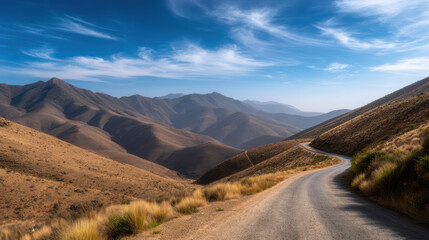 A winding road leads through a majestic mountain range, under a brilliant blue sky with wispy clouds creating a scenic and breathtaking landscape vista.