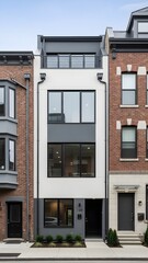Obraz premium Modern Townhouse Exterior: New Brick & White Facade Home with Large Windows, Bright Daylight & Urban Architecture