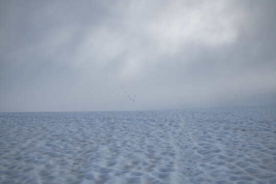 Alpinists disappearing into fog on vast glacier
