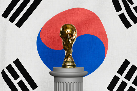 Perrysburgh,Ohio,USA-January 19 2025: FIFA World Cup trophy with the flag of South Korea. Concept for Asian football excellence, national team pride, and global sports competition