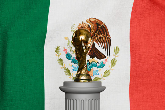 Perrysburgh,Ohio,USA-January 19 2025: FIFA World Cup trophy with the flag of Mexico. Concept for 2026 co-host nation pride, Mexican football culture, and global sports tournament.