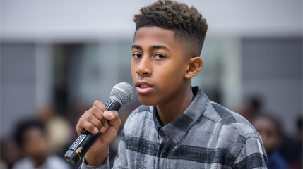 Faceless teenager confidently addressing peers with microphone at youth leadership conference, public speaking and empowerment, defocused audience background, with copy space