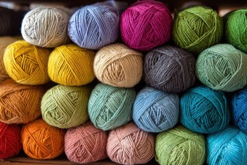 Soft pastel yarn balls in various colors arranged neatly on a shelf for knitting and crafting projects in a cozy creative space