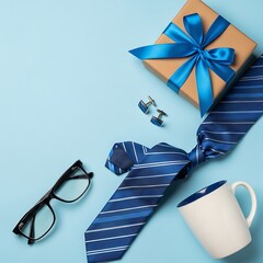 blue striped tie and accessories on light blue background