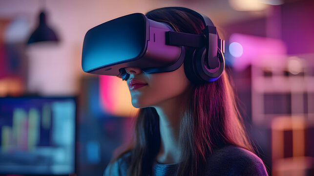 Woman wearing virtual reality headset in modern tech environment with vr goggles - Powered by Adobe