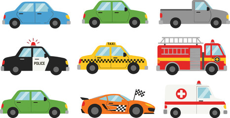 Colorful vector illustration set of cars and emergency vehicles including police taxi ambulance fire truck isolated on white background © Hanif World