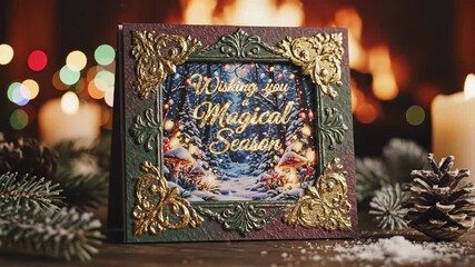 Decorative frame with winter forest scene and festive bokeh lights