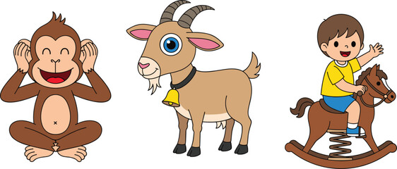 Cute cartoon monkey goat and happy boy riding rocking horse illustration for kids education nursery posters and playful learning designs © Hanif World